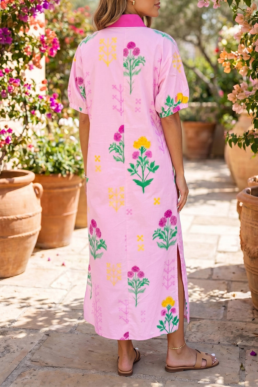 Floral Colorblock Trim V-Neck Midi Dress
