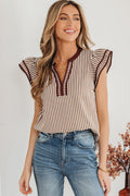 Stripe Double Ruffle Short Sleeve V-Neck Blouse