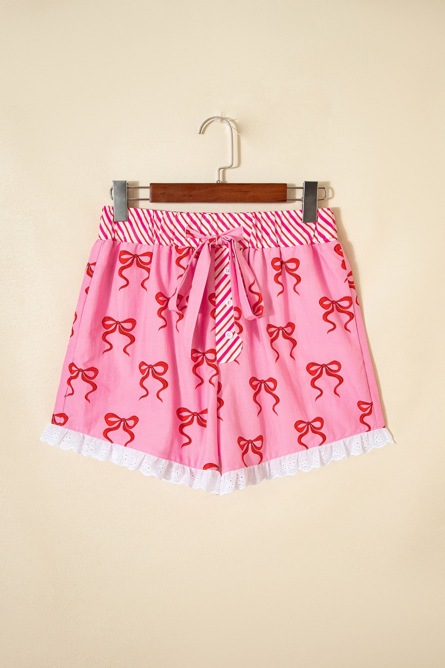 Bow Stripe Patchwork Elastic Waist Lace Trim Shorts