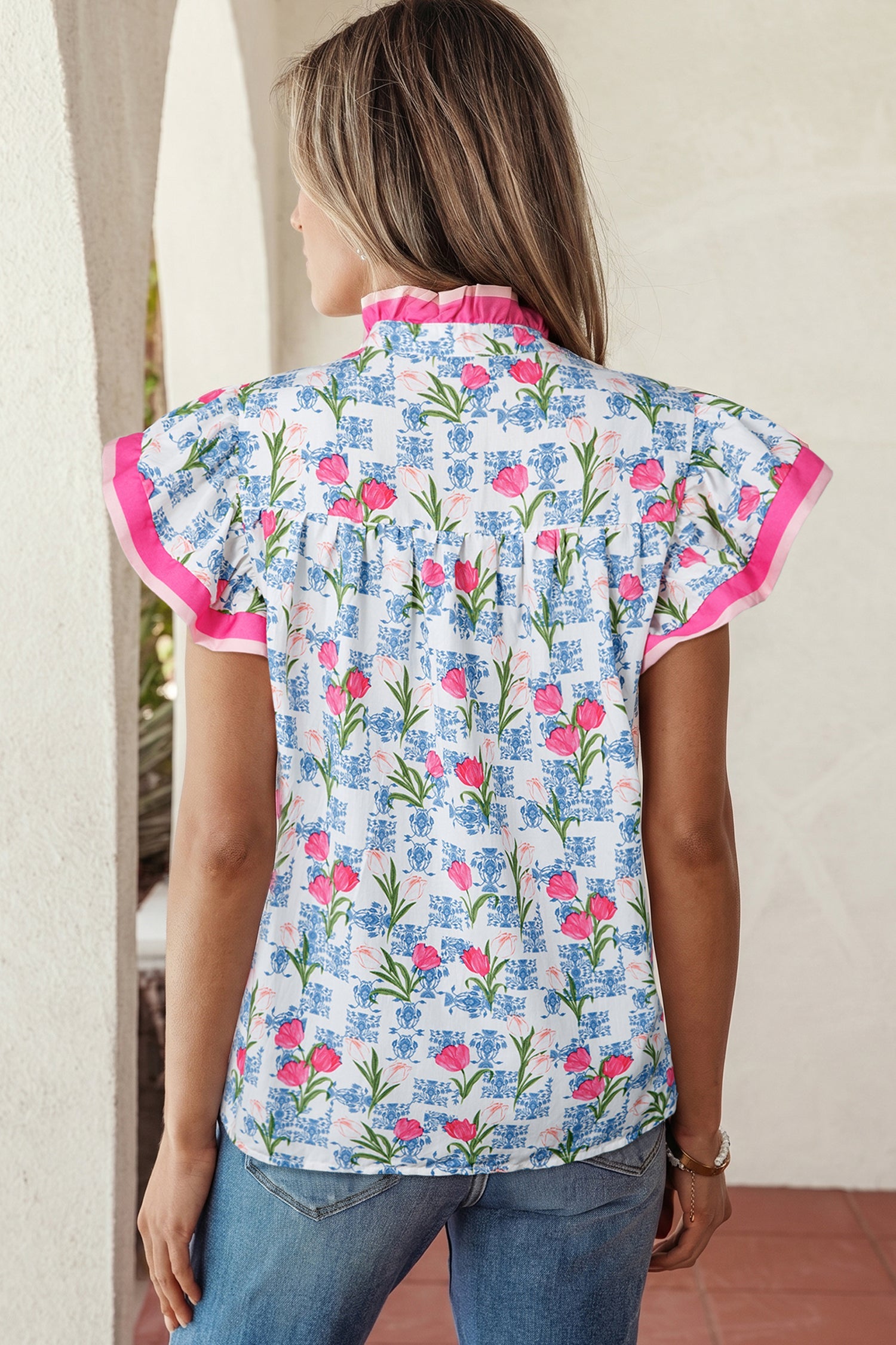 Floral Colorblock Flutter Sleeve Half Button Blouse