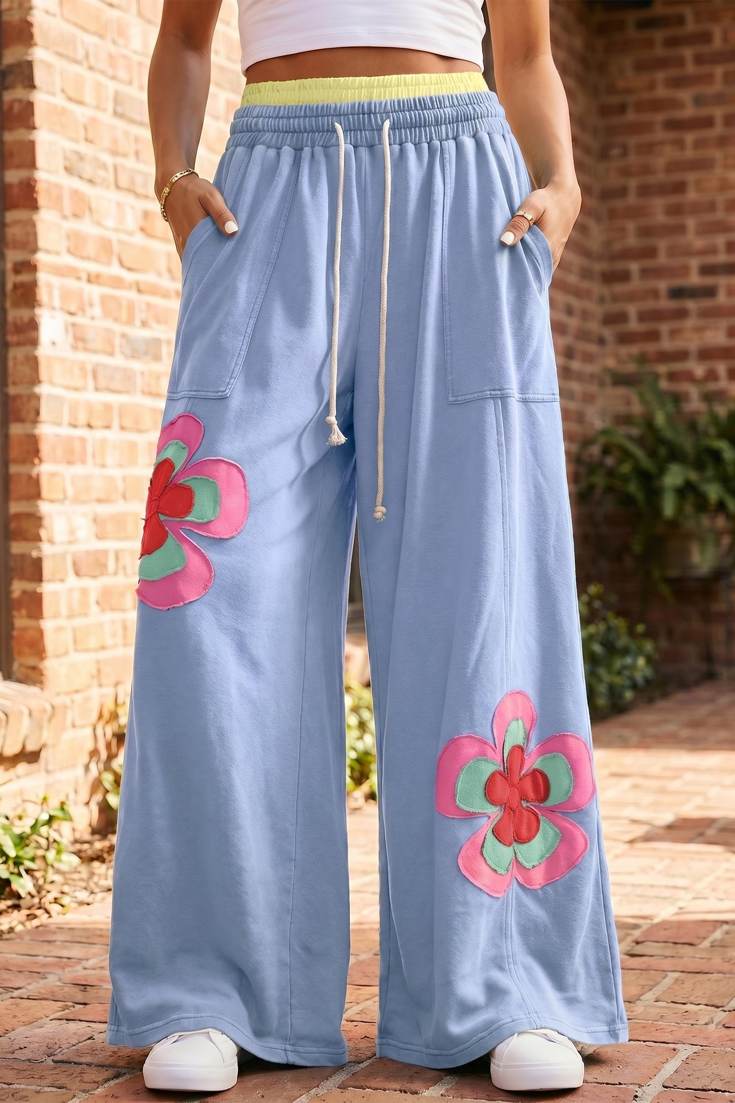 Colorblock Flower Patchwork Drawstring Wide Leg Pants