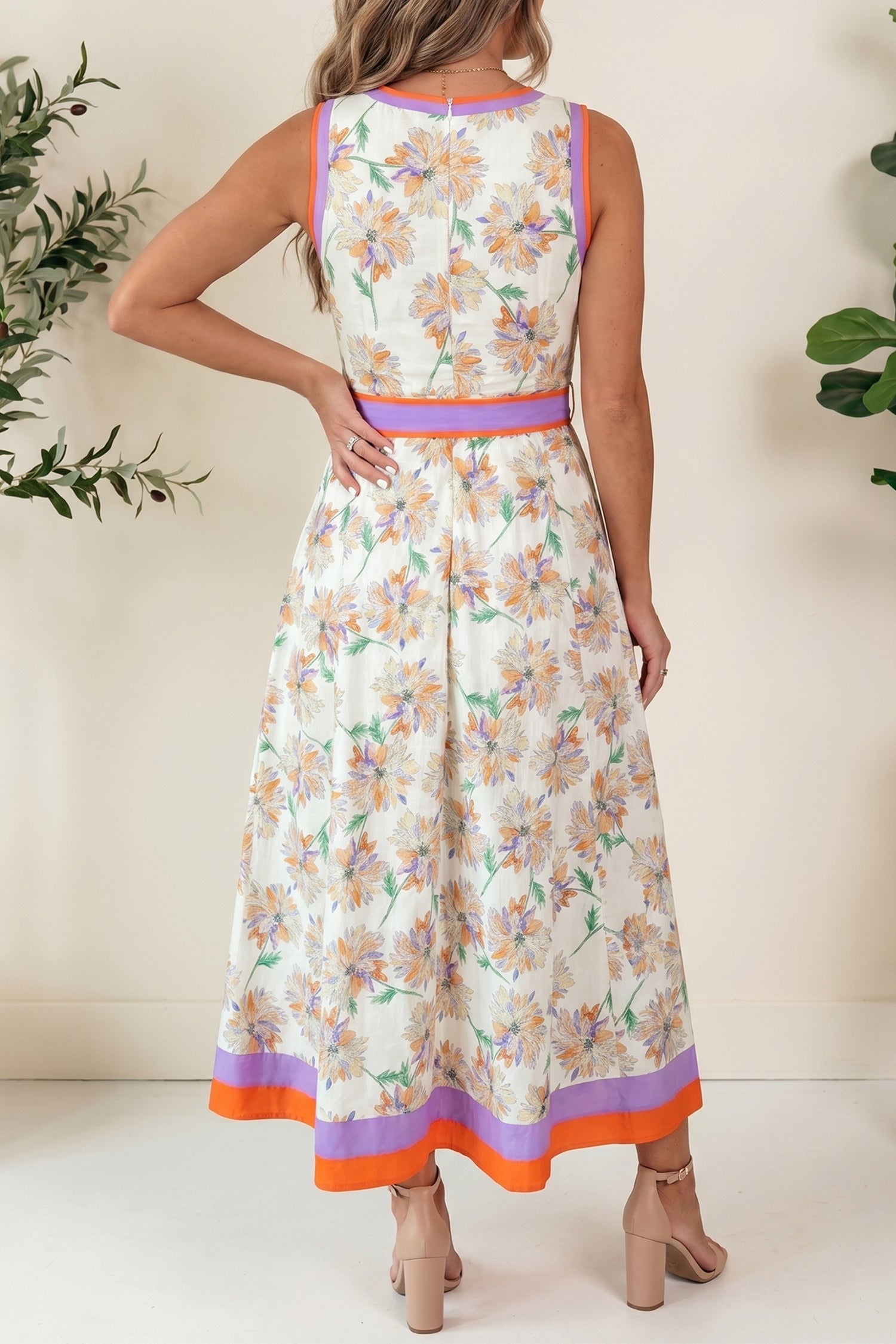 Floral Colorblock Trim Belted Sleeveless Maxi Dress