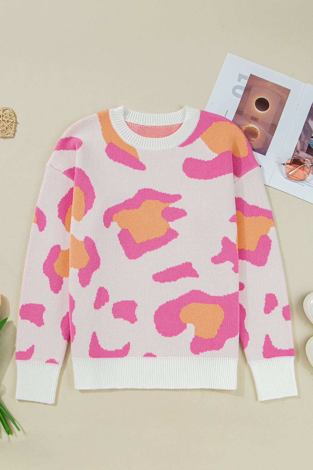 Leopard Round Neck Drop Shoulder Sweater