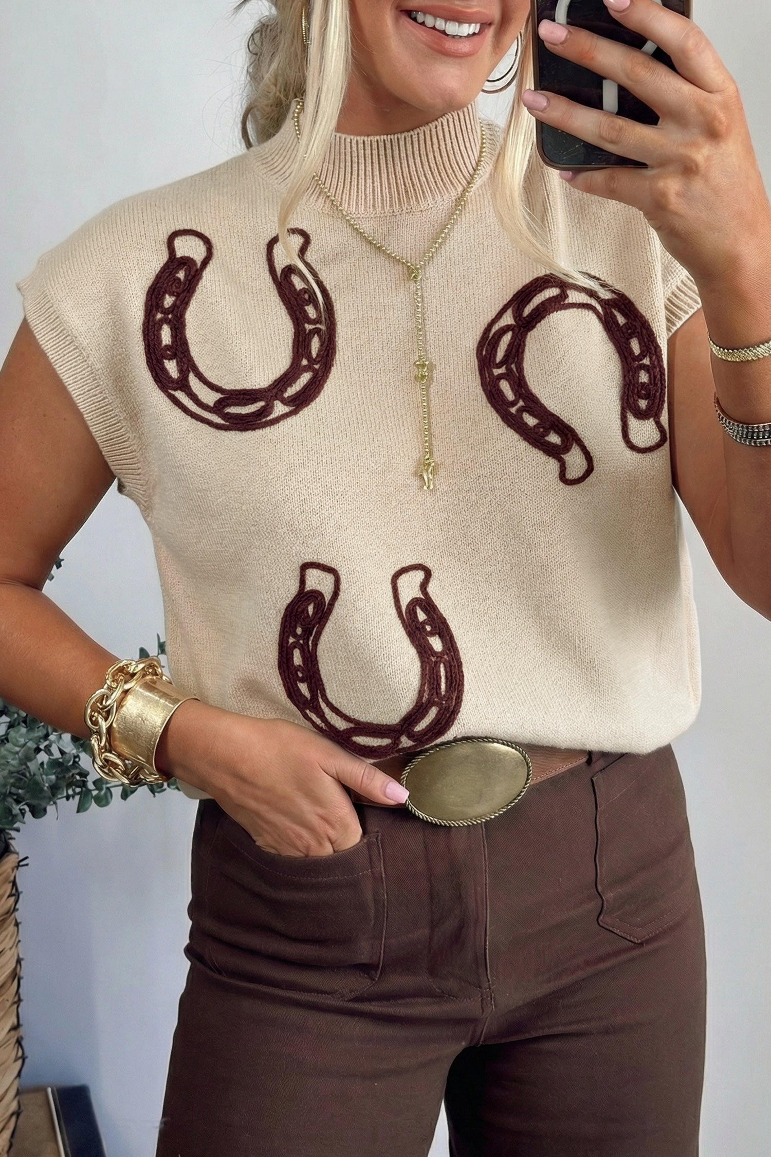 Western Corded Horseshoe Mock Neck Short Sleeve Sweater