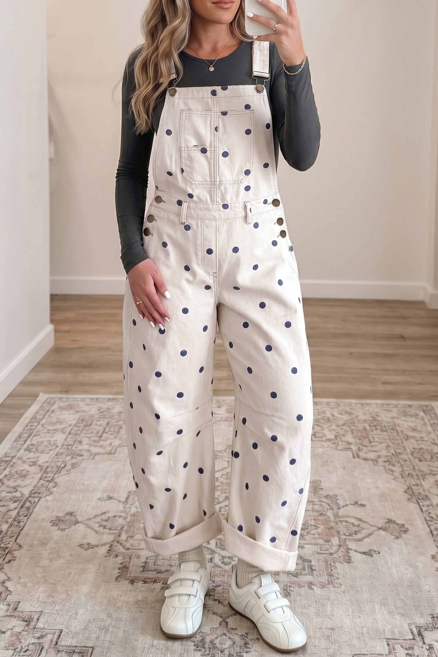 Polka Dot Denim Barrel Leg Overalls Jumpsuit