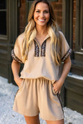 Leopard Trim Half-Zip Top and Shorts Set