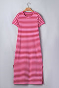 Stripe Scalloped Trim Short Sleeve Side Slit Dress
