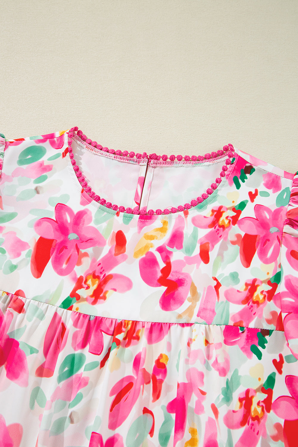 Floral Flutter Sleeve Round Neck Blouse