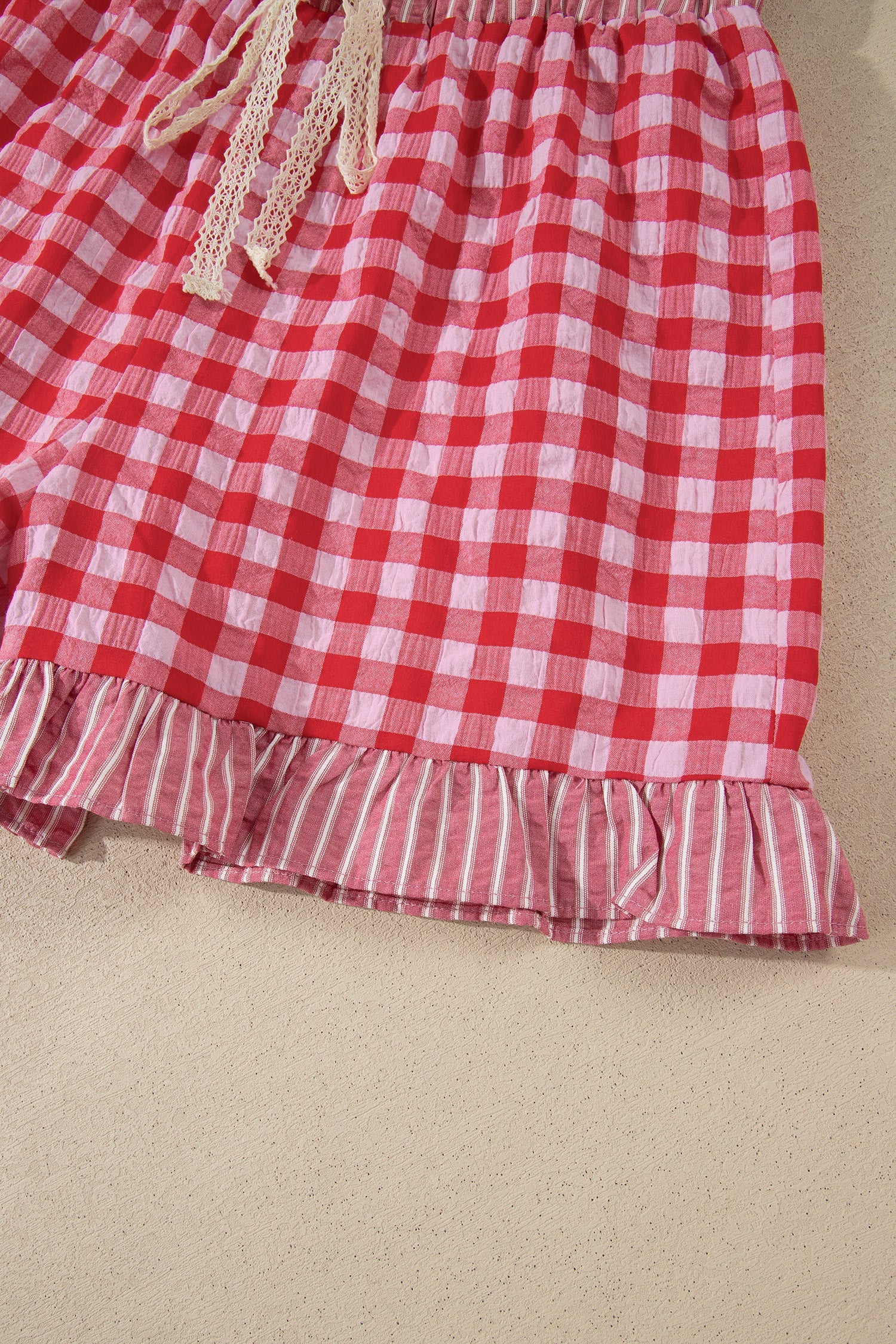 Gingham Ruffle Stripe Patchwork Lace Tie Shorts