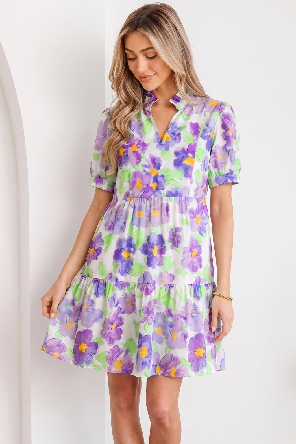 Floral Collared V-Neck Tiered Ruffle Mini Dress