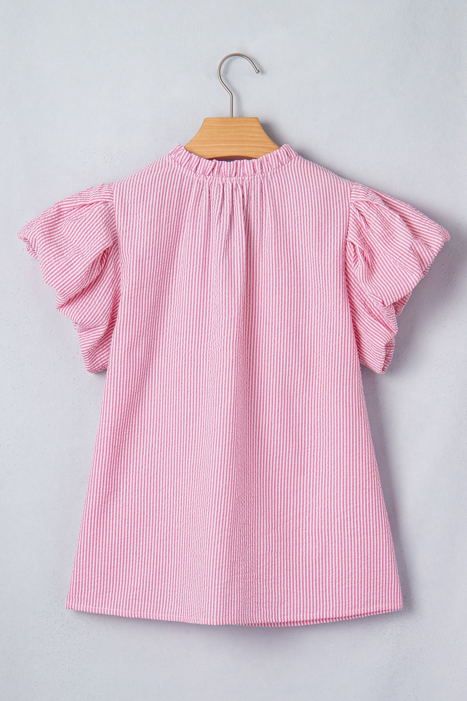 Stripe Short Bubble Sleeve Split V-Neck Blouse