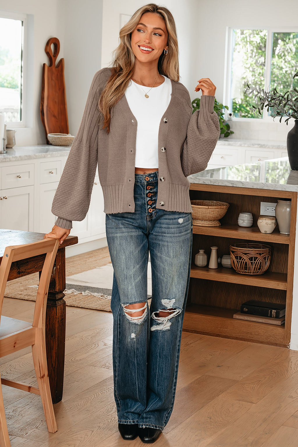 Textured Knit Button Front V-Neck Cardigan