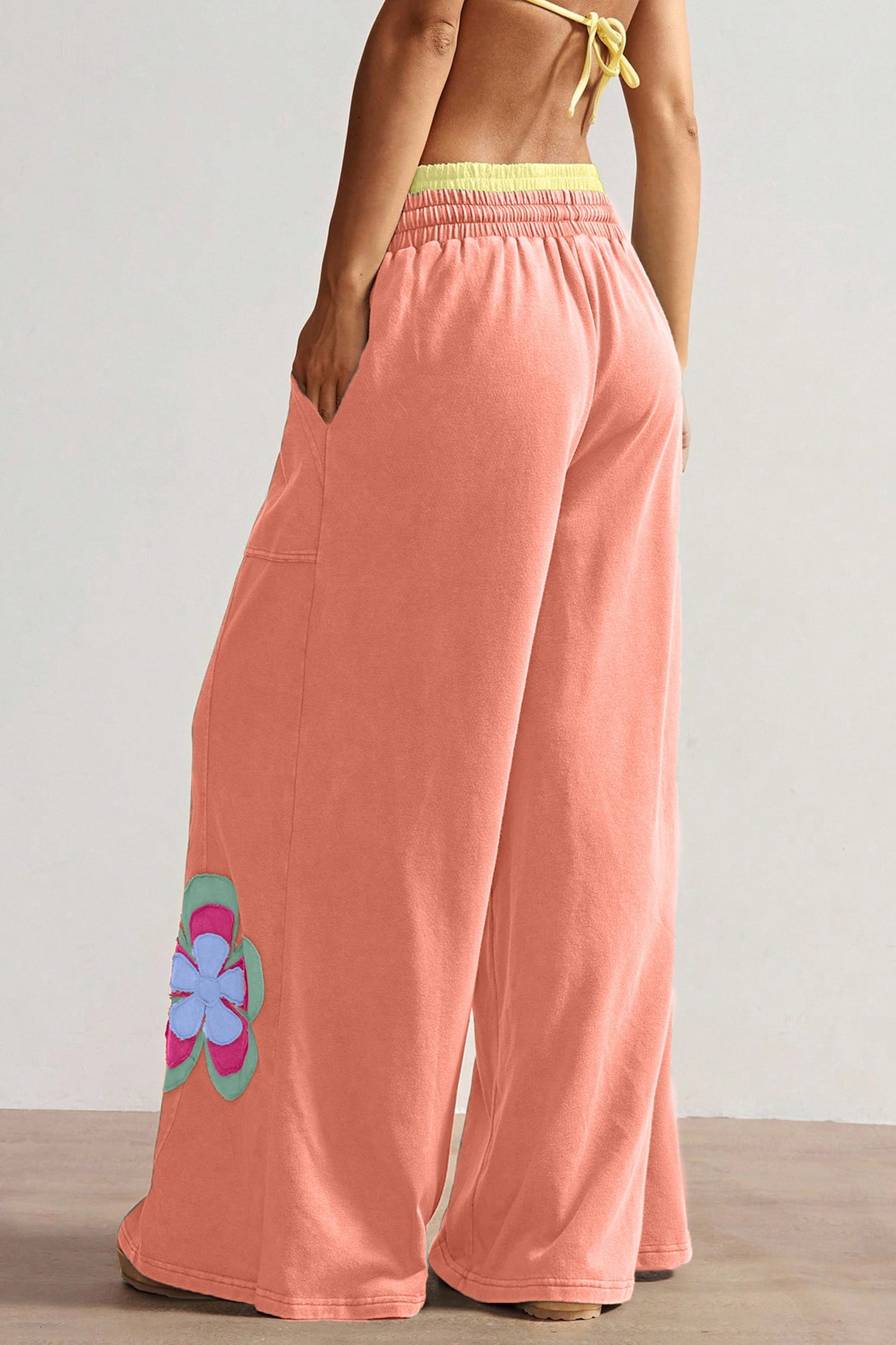 Colorblock Flower Patchwork Drawstring Wide Leg Pants
