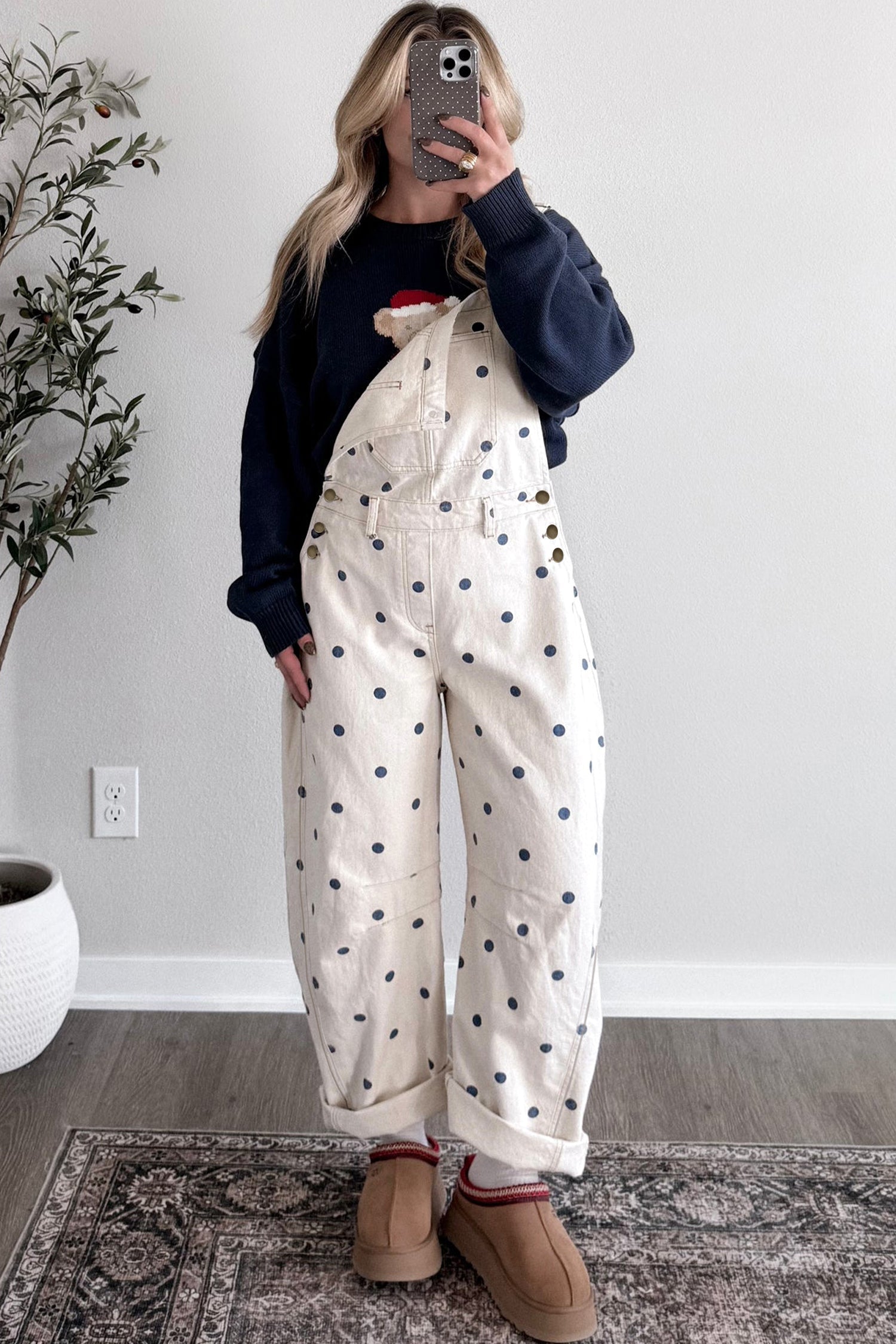 Polka Dot Denim Barrel Leg Overalls Jumpsuit