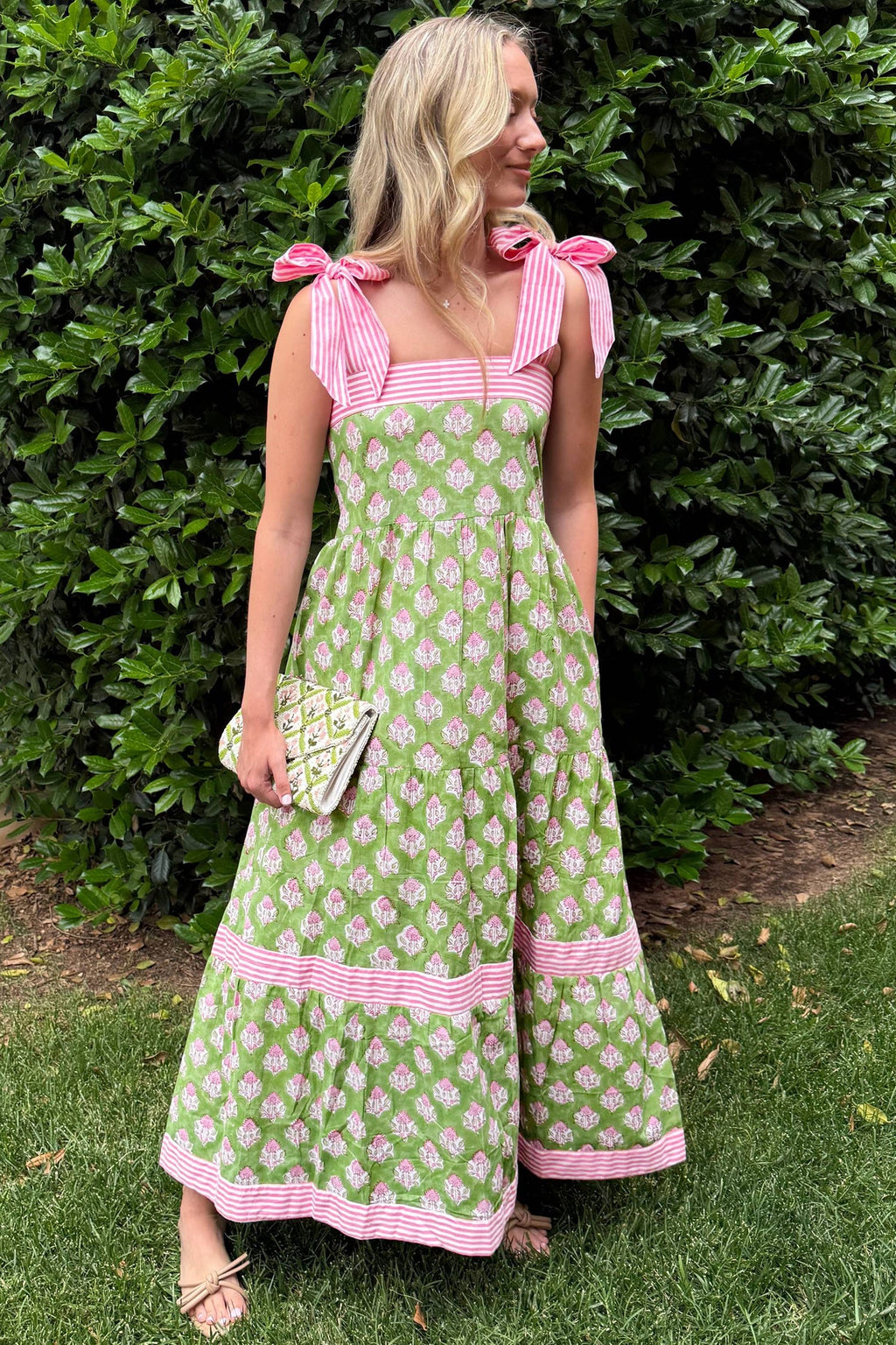 Floral Stripe Patchwork Knot Strap Maxi Dress