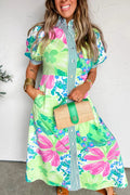 Floral Stripe Trim Button Down Vacation Dress