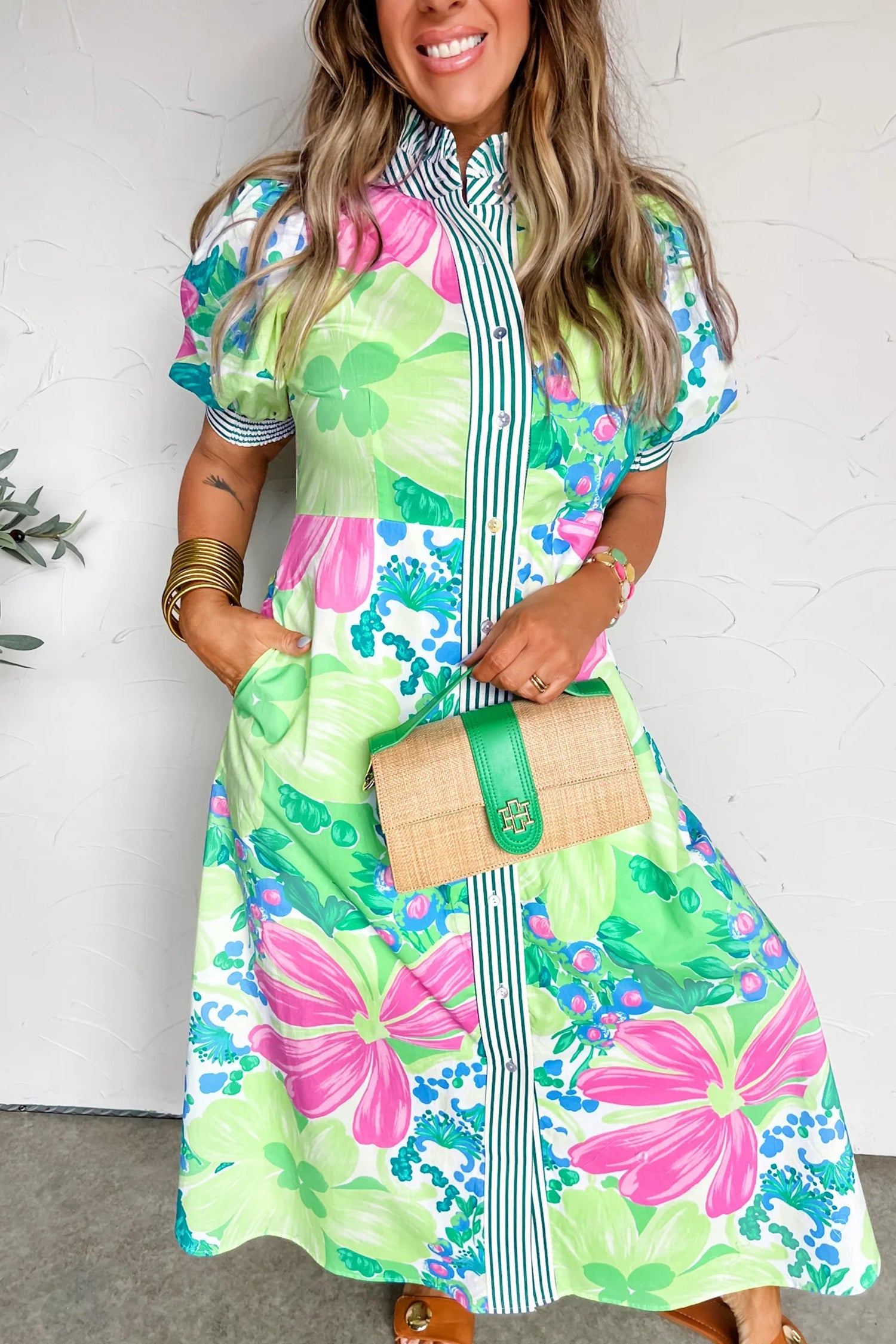 Floral Stripe Trim Button Down Vacation Dress