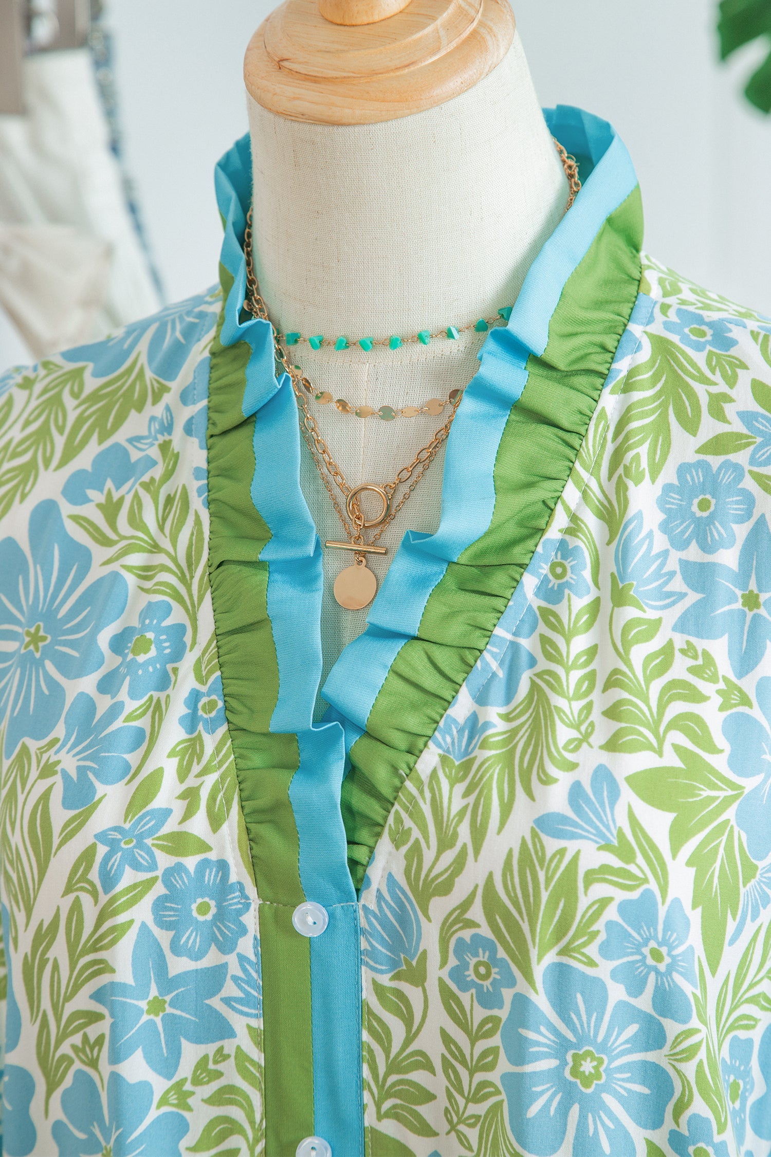 Floral Frilled V-Neck Button Front Dress