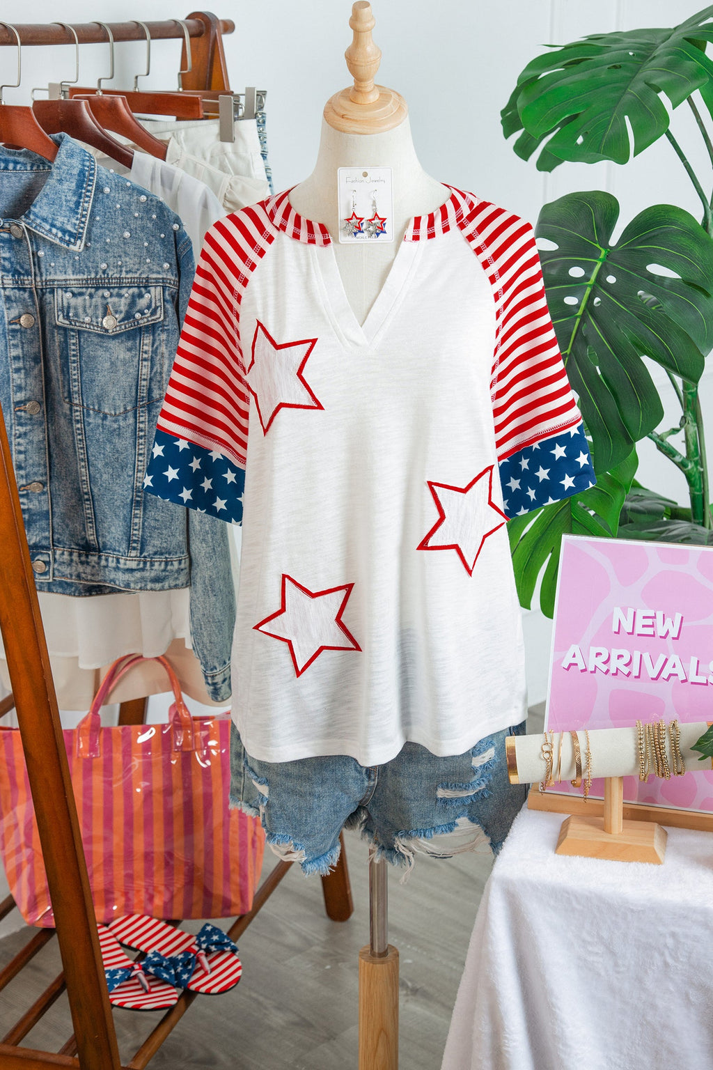 USA Flag Star Patchwork Short Sleeve Top