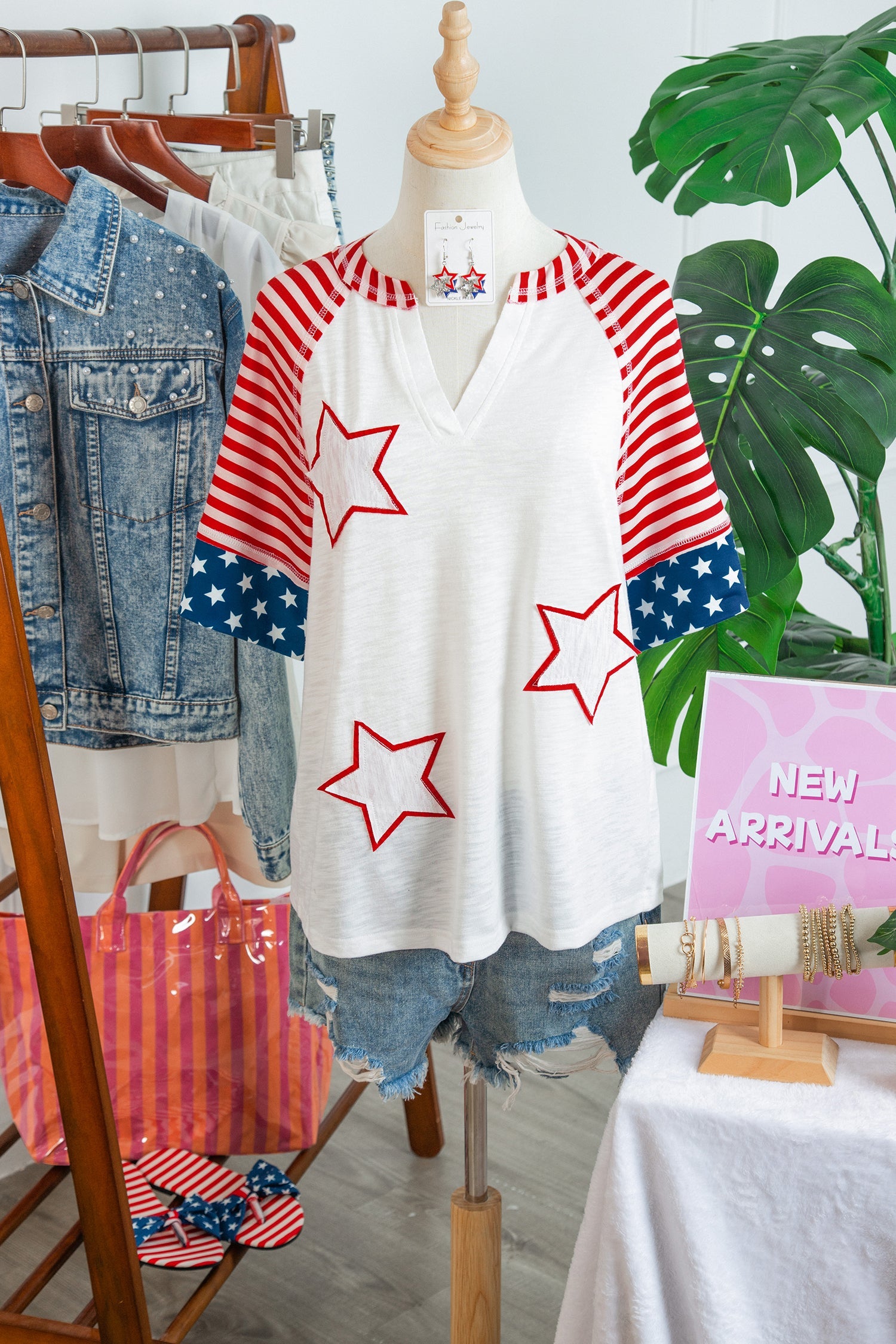 USA Flag Star Patchwork Short Sleeve Top