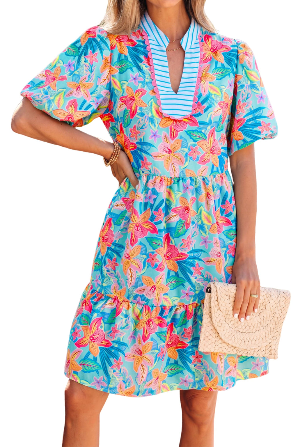 Floral Stripe Scallop Trim V-Neck Tiered Dress