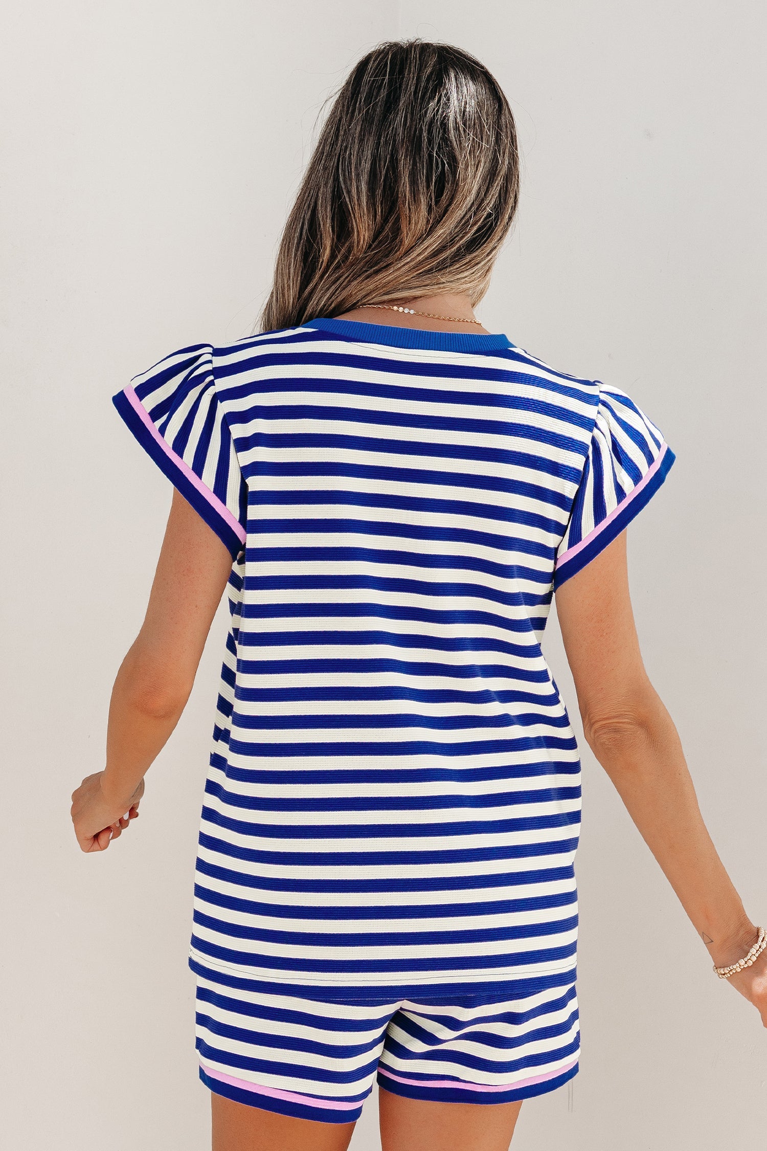 Stripe Cap Sleeve Top & Contrast Trim Shorts Set