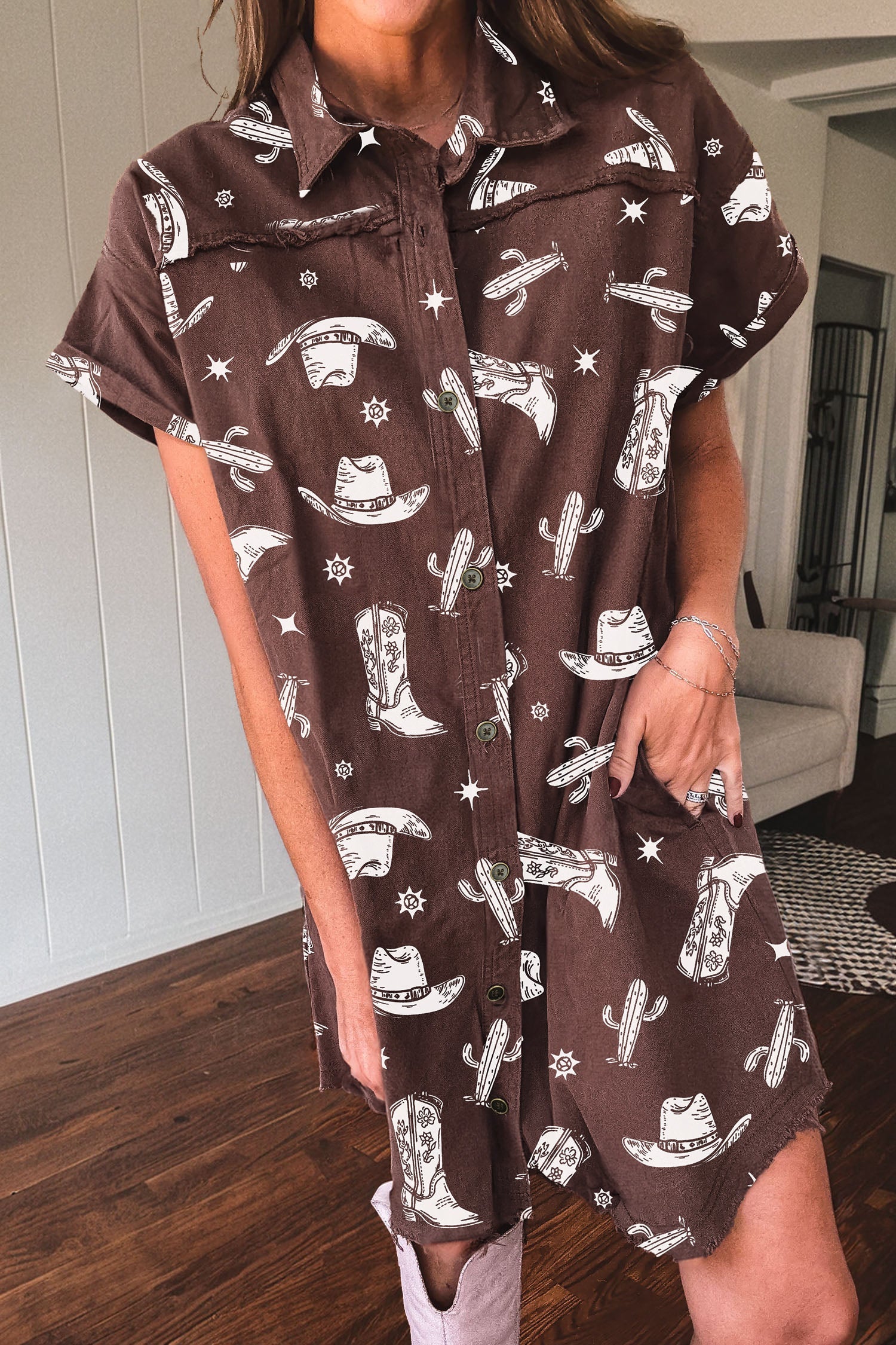 Western Cowgirl Cactus Raw Edge Denim Dress