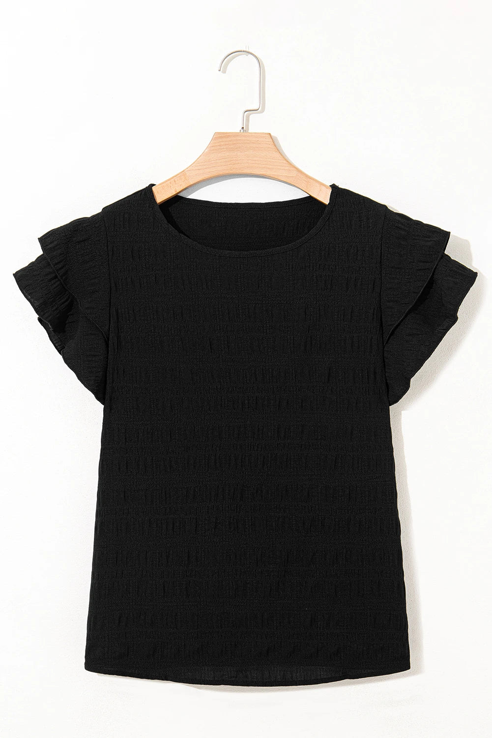 Solid Textured Ruffled Sleeve Round Neck Top