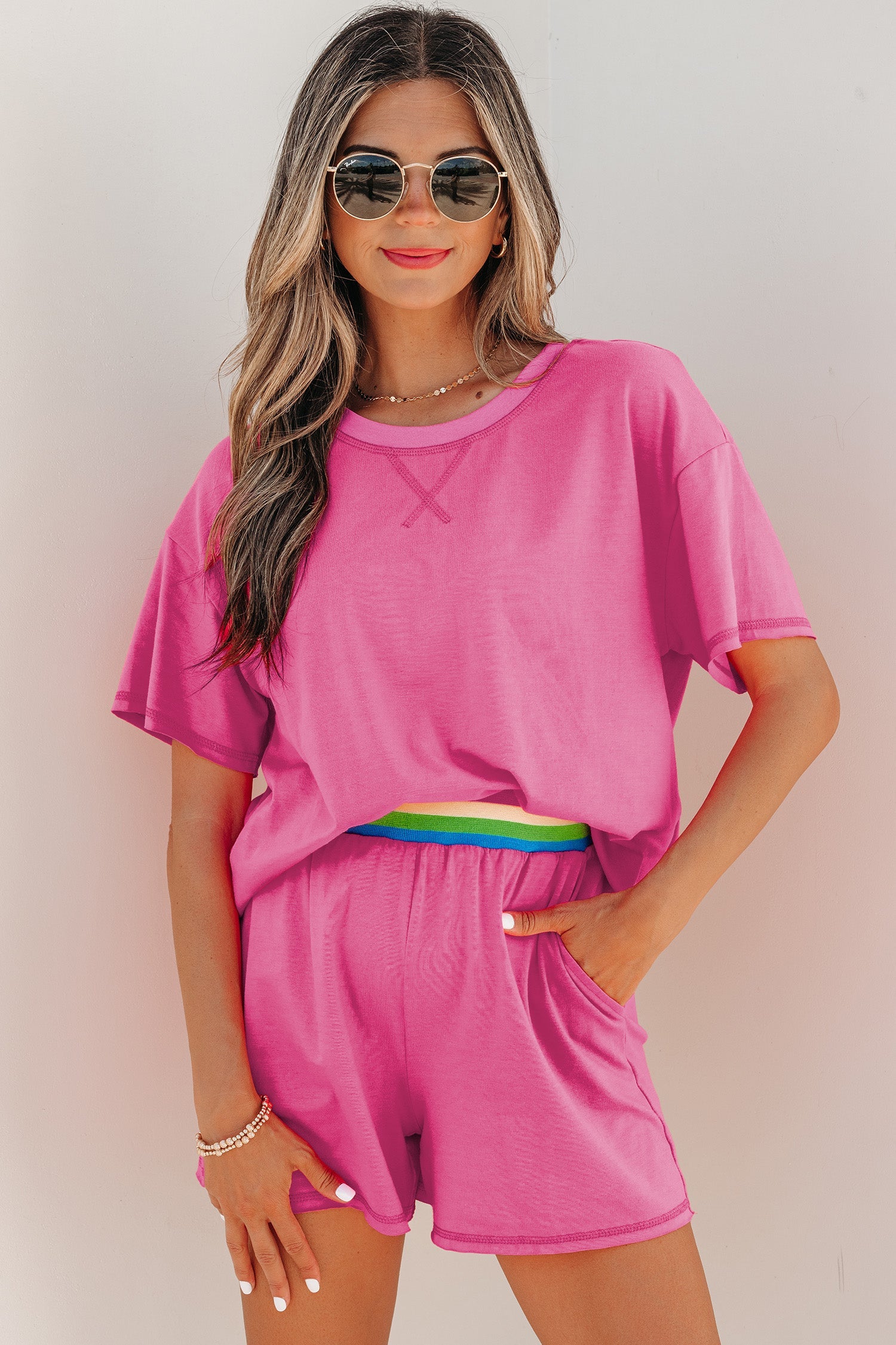 Solid Tee & Stipe Waistband Short Set