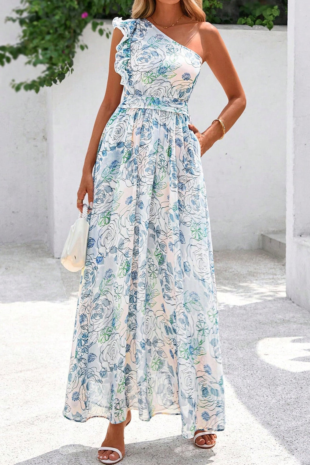 Floral Ruffle One Shoulder Maxi Dress