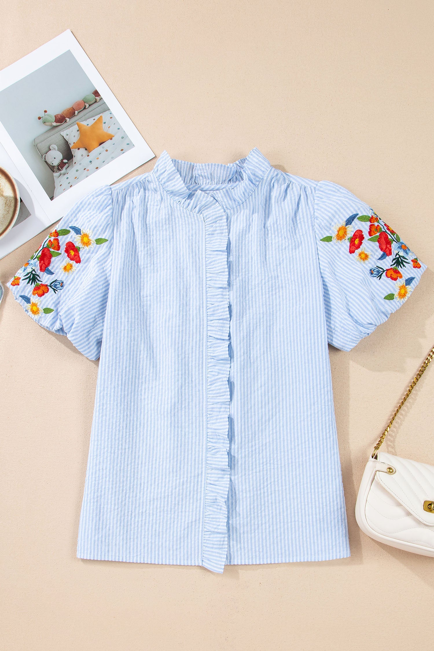 Stripe Floral Embroidered Puff Sleeve Ruffle Trim Shirt