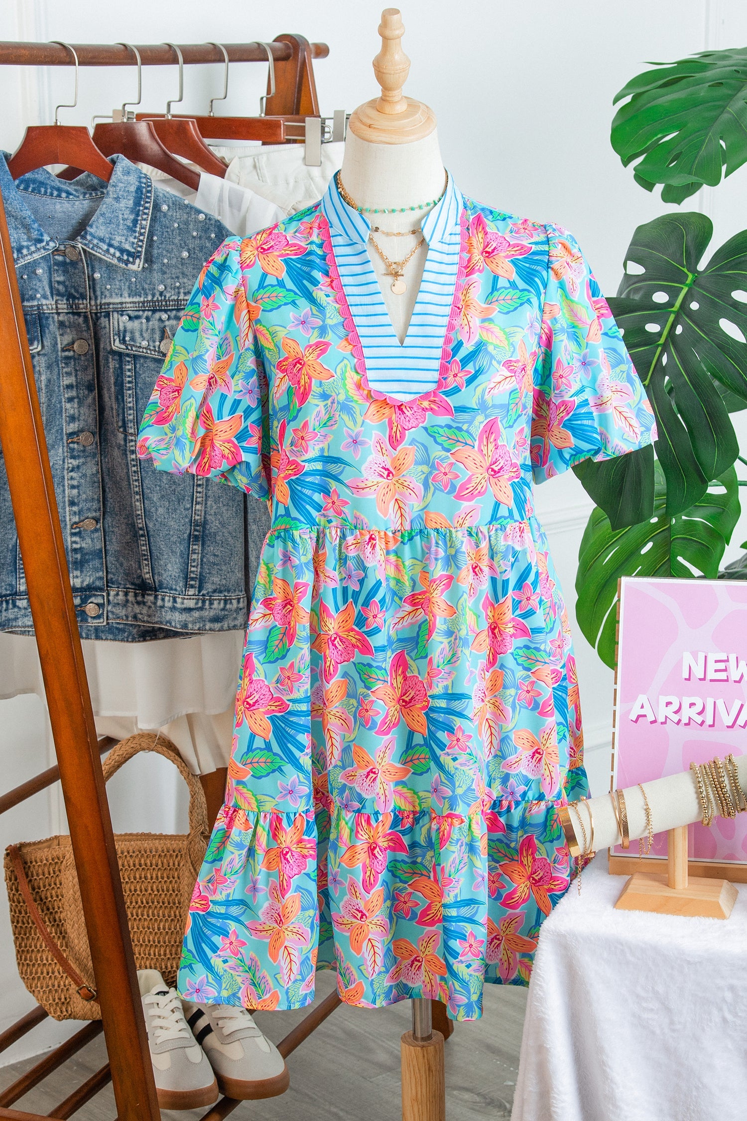 Floral Stripe Scallop Trim V-Neck Tiered Dress