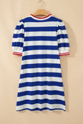 Stripe Contrast Trim Puff Sleeve Mini Dress