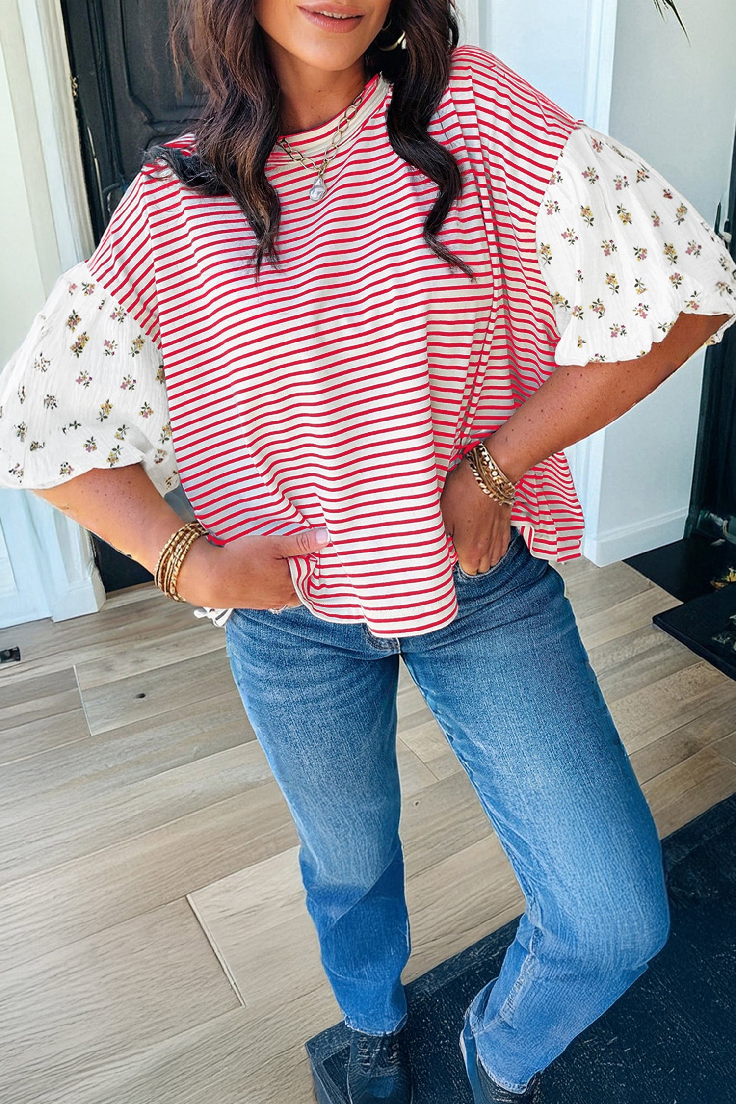 Floral Stripe Patchwork Puff Sleeve Round Neck Top