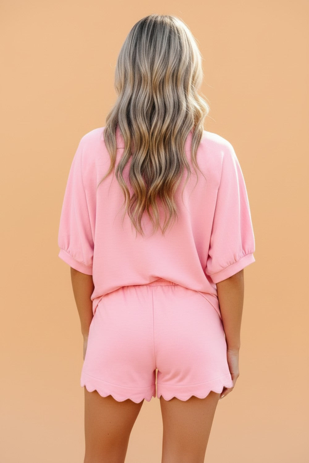 Scalloped V-Neck Dolman Top & Drawstring Short Set