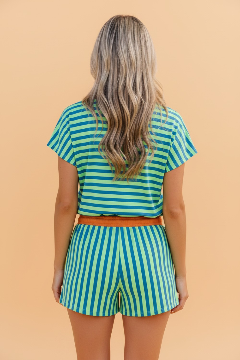 Stripe Colorblock V-Neck Tee & Drawstring Short Set