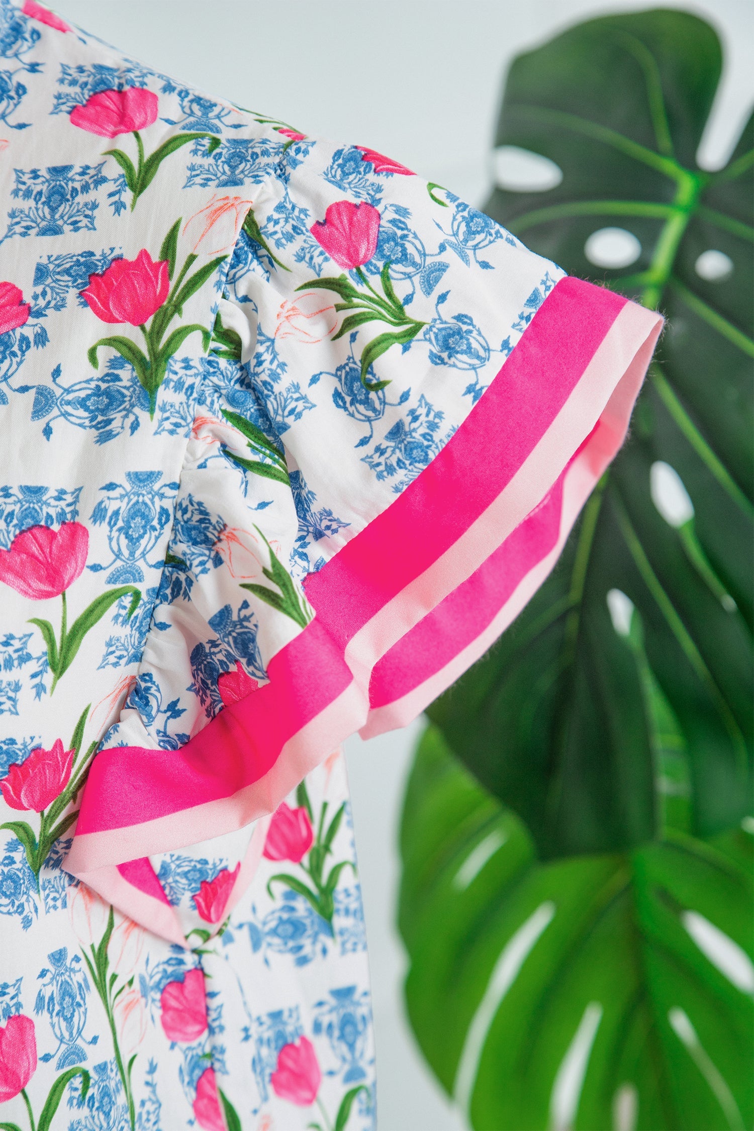 Floral Colorblock Flutter Sleeve Half Button Blouse