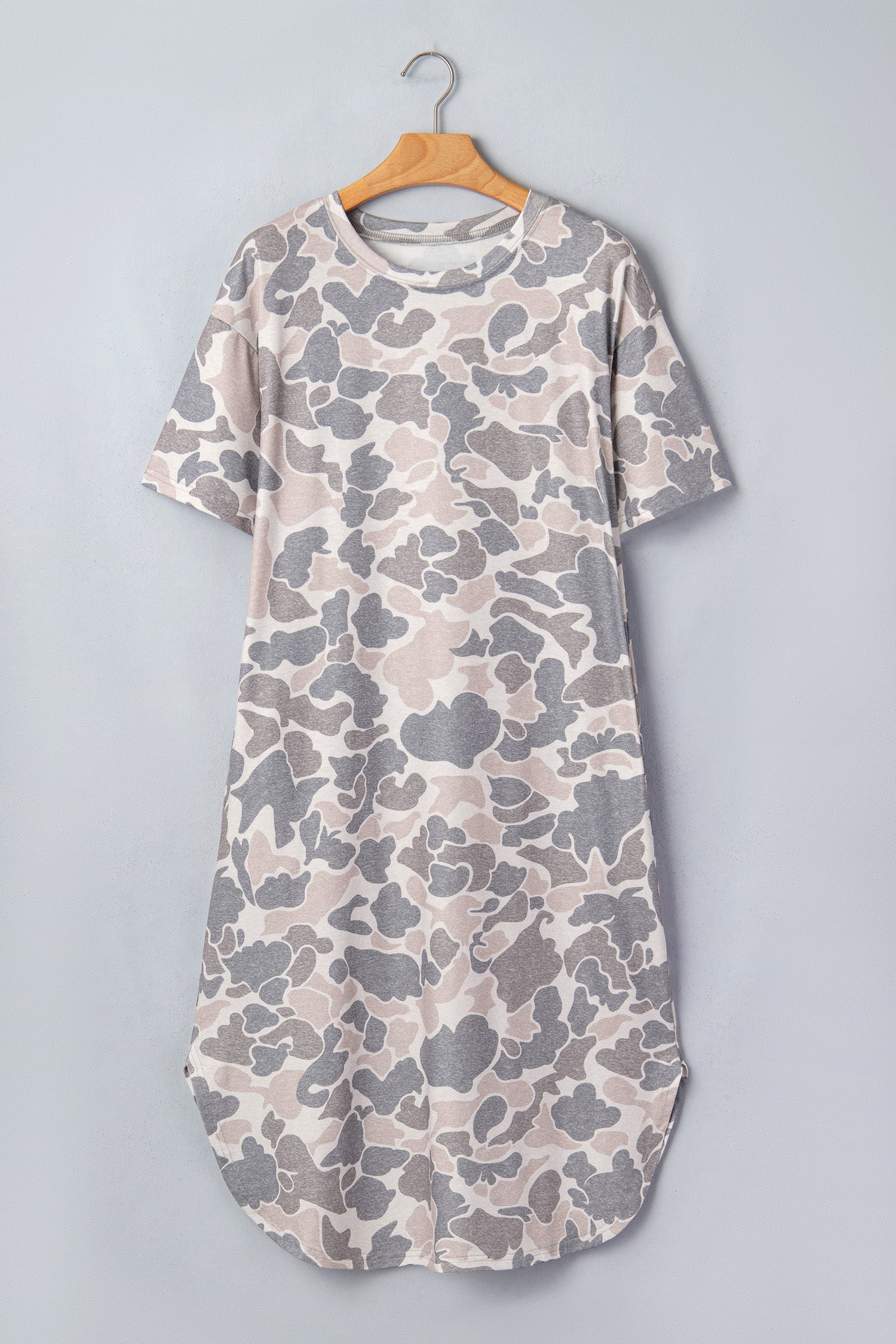 Camo Short Sleeve Drop Shoulder Side Slit Dress