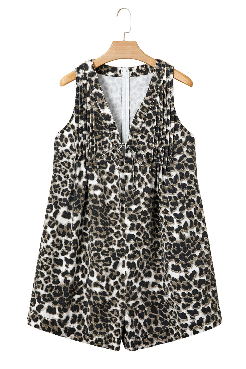 Leopard Denim Pleated Sleeveless Romper