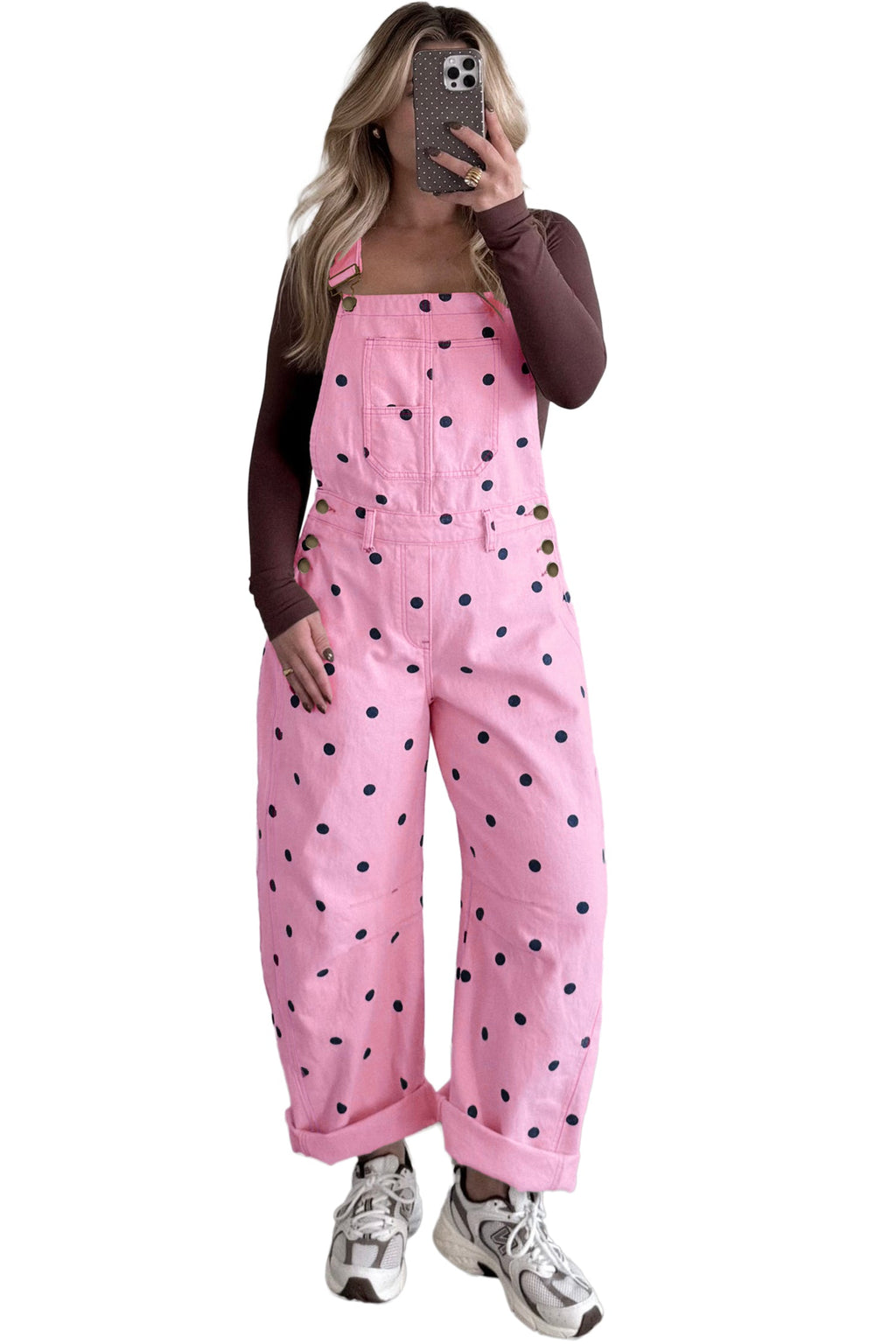 Polka Dot Denim Barrel Leg Overalls Jumpsuit