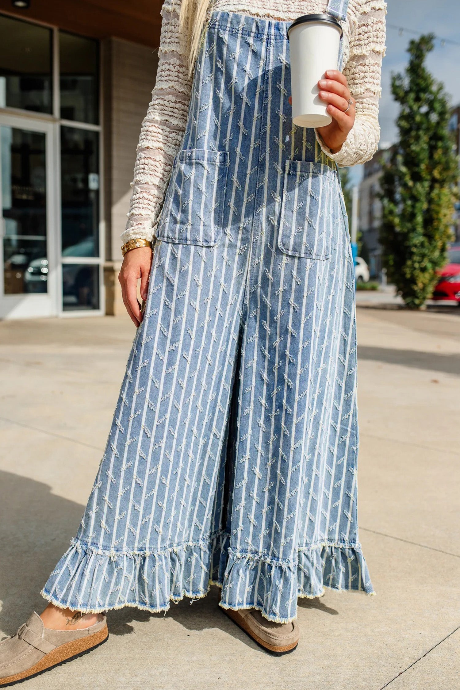 Stripe Distressed Denim Ruffle Wide Leg Overalls