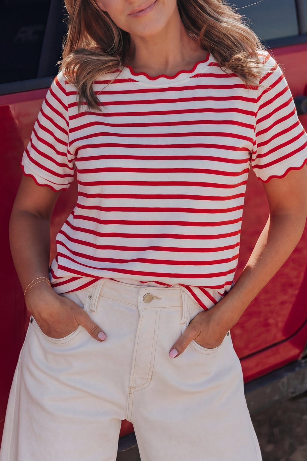 Stripe Scallop Trim Round Neck T-Shirt