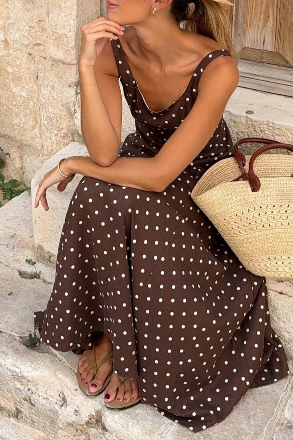 Polka Dot Square Neck Vacation Maxi Dress