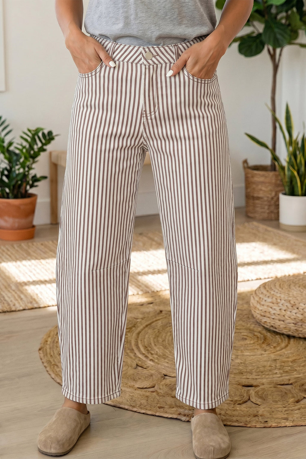 Stripe Denim High Waist Barrel Leg Jeans