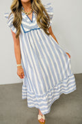 Stripe Lace Trim V-Neck Ruffle Midi Dress