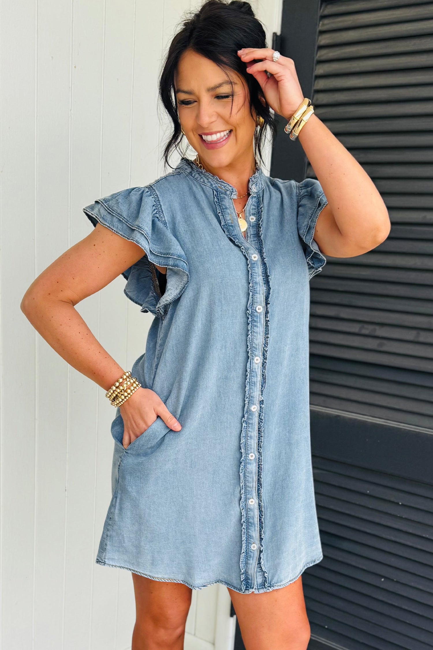 Solid Denim Frilled Ruffle Sleeve Buttoned Mini Dress