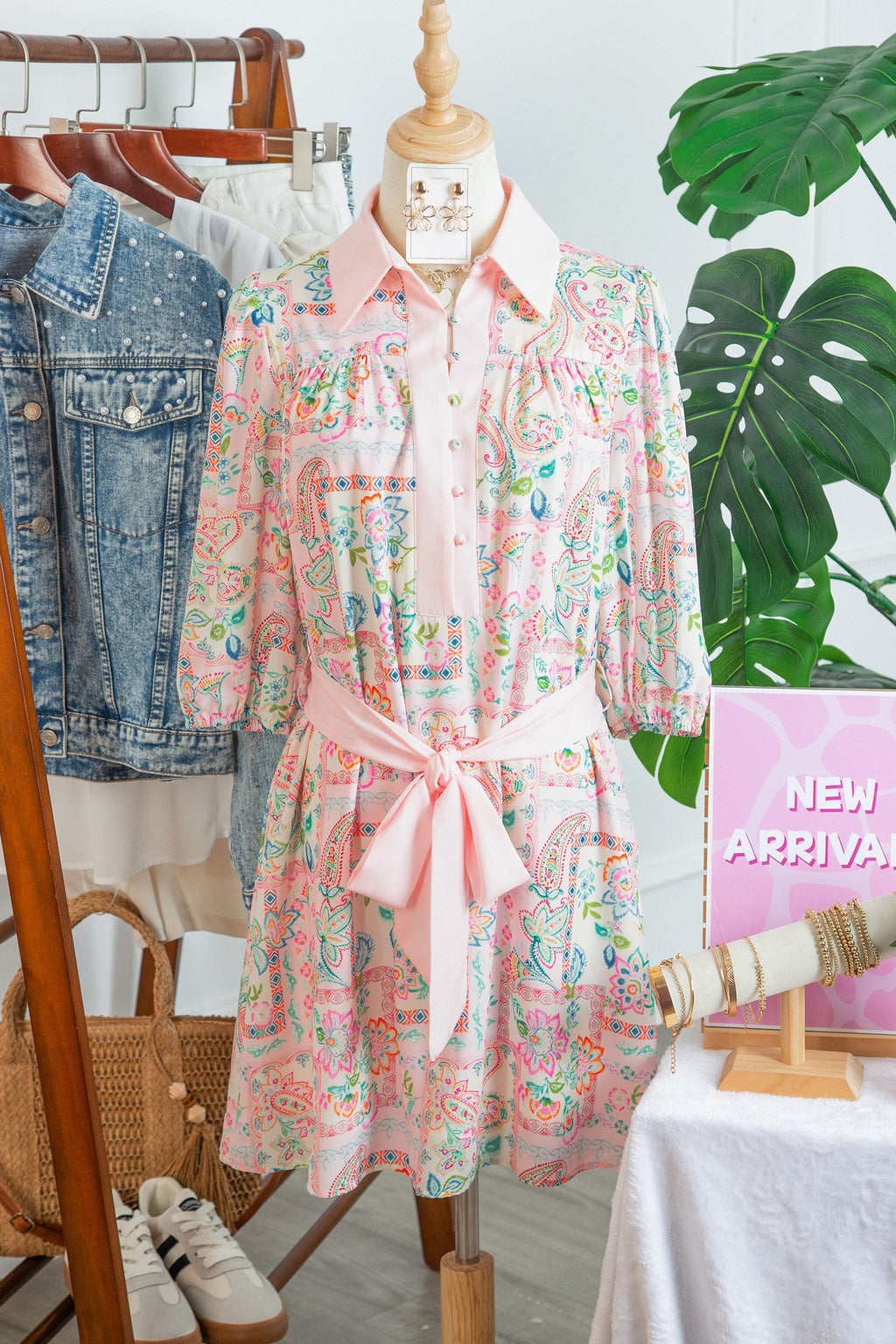 Boho Floral Colorblock 3/4 Sleeve Belted Mini Dress