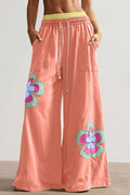 Colorblock Flower Patchwork Drawstring Wide Leg Pants
