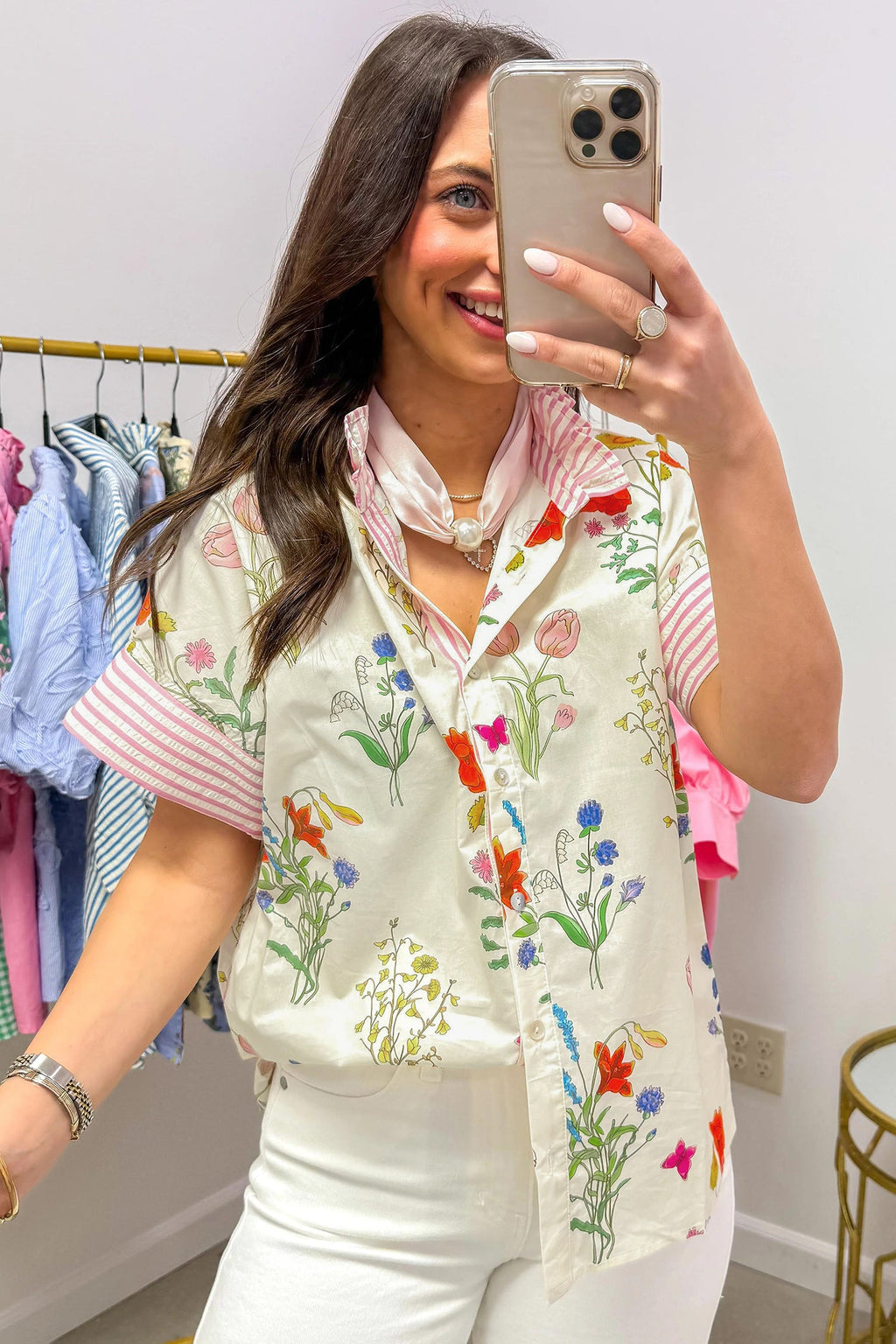 Floral Stripe Patchwork Ruffled Collar Shirt