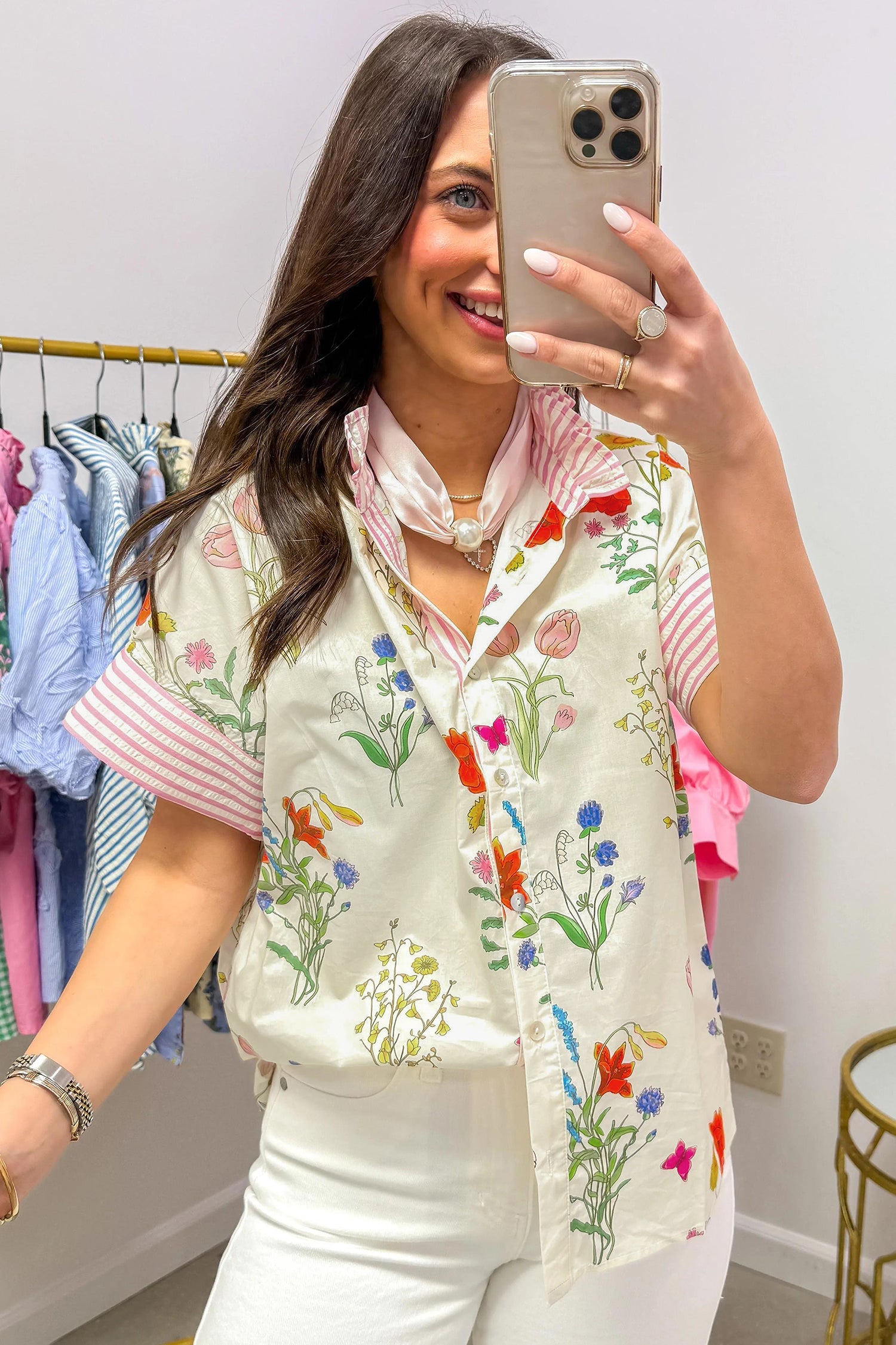 Floral Stripe Patchwork Ruffled Collar Shirt